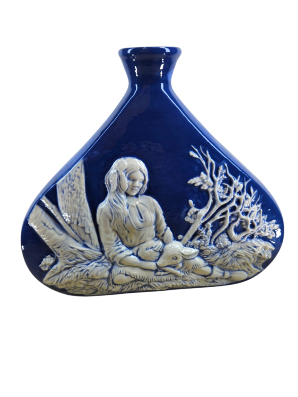 Signed P.W. 1988 Cobalt Blue Art Pottery Relief Vase Maiden & Baby Deer